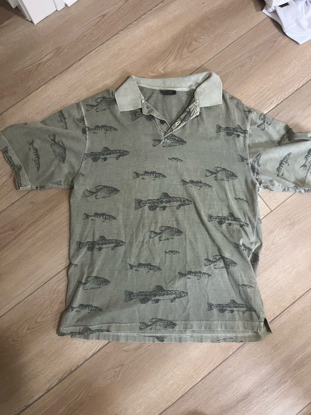 Woolrich Olive Green Polo with Fish Print- Vintage